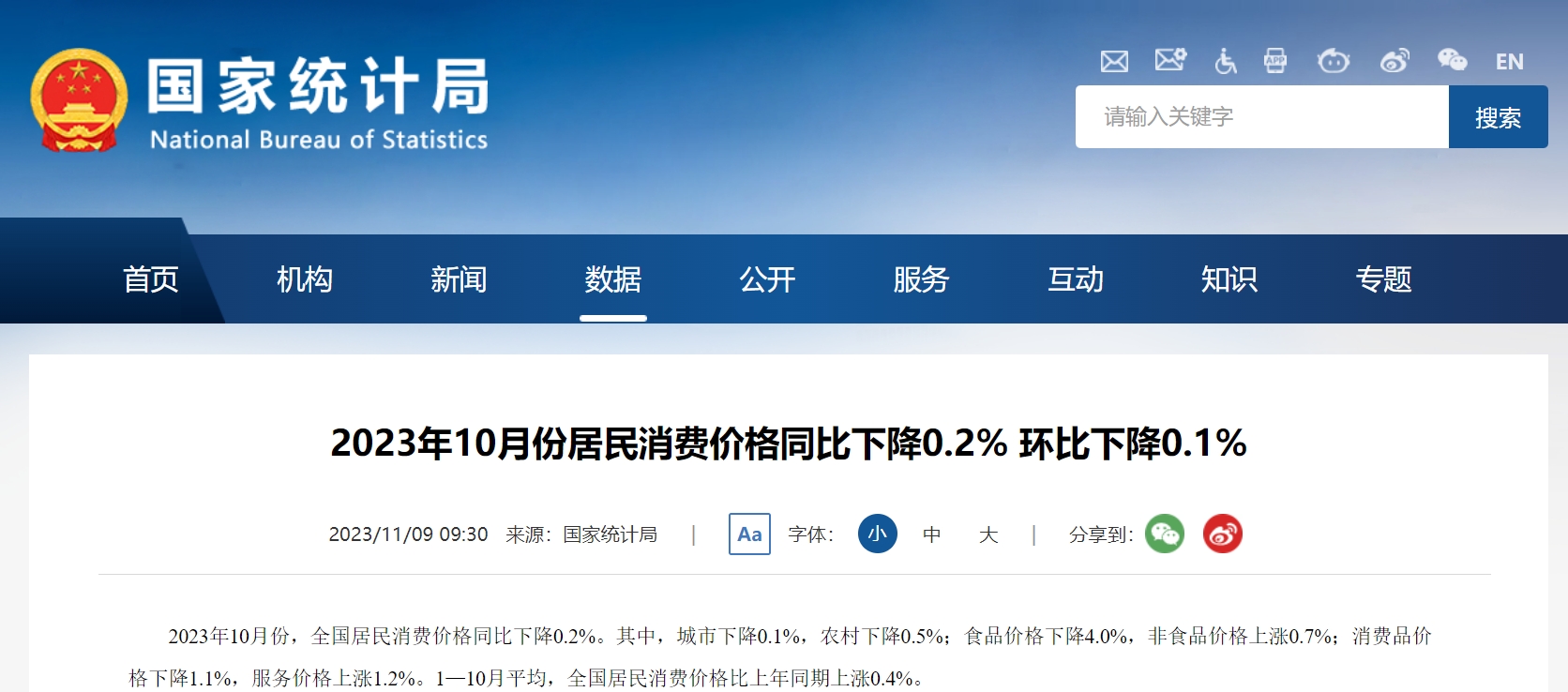 2023年10月份居民消费价格同比下降0.2% 环比下降0.1%.png